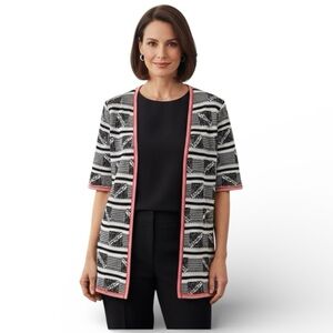 Misook Black & White Geometric Knit Cardigan Red Trim Short Sleeve Sz L